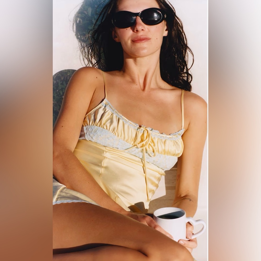 Frankie's Bikinis Yellow Satin Mini Slip Dress with Pale Blue Trim VS